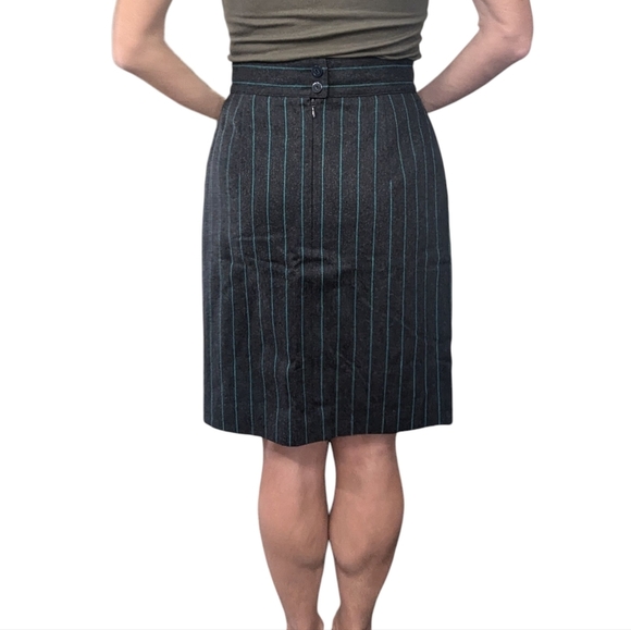Vintage Escada Charcoal Grey Cashmere Wool Skirt Teal Pinstripe Size 36 - Picture 13 of 16